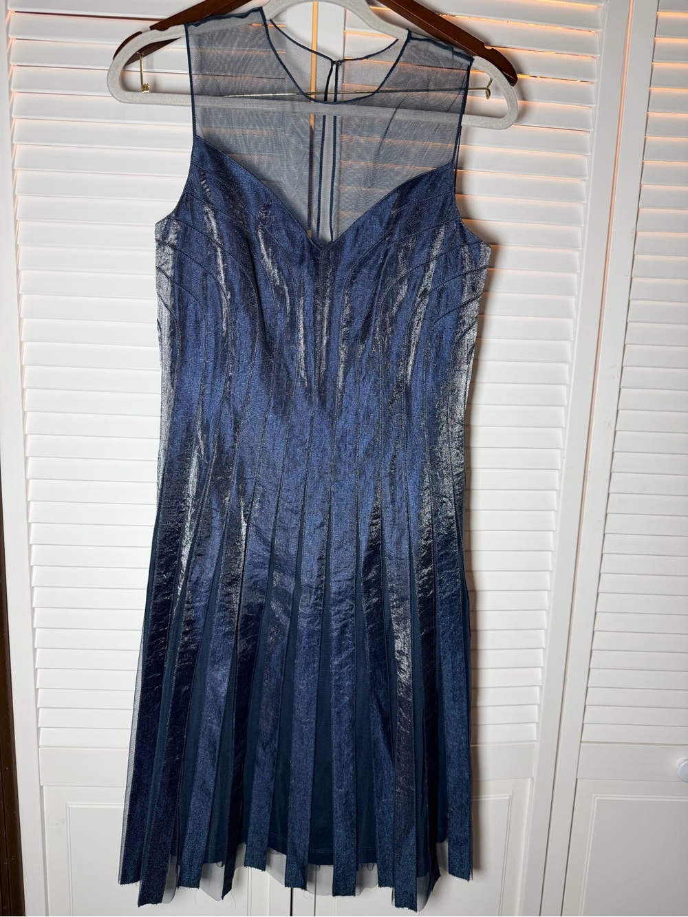 Adrianna Papell Navy Mesh Bodice Pleated Midi Dress